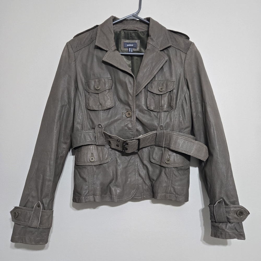 Mexx Genuine Leather Jacket Belted Utility Style Button Down Size EU 38